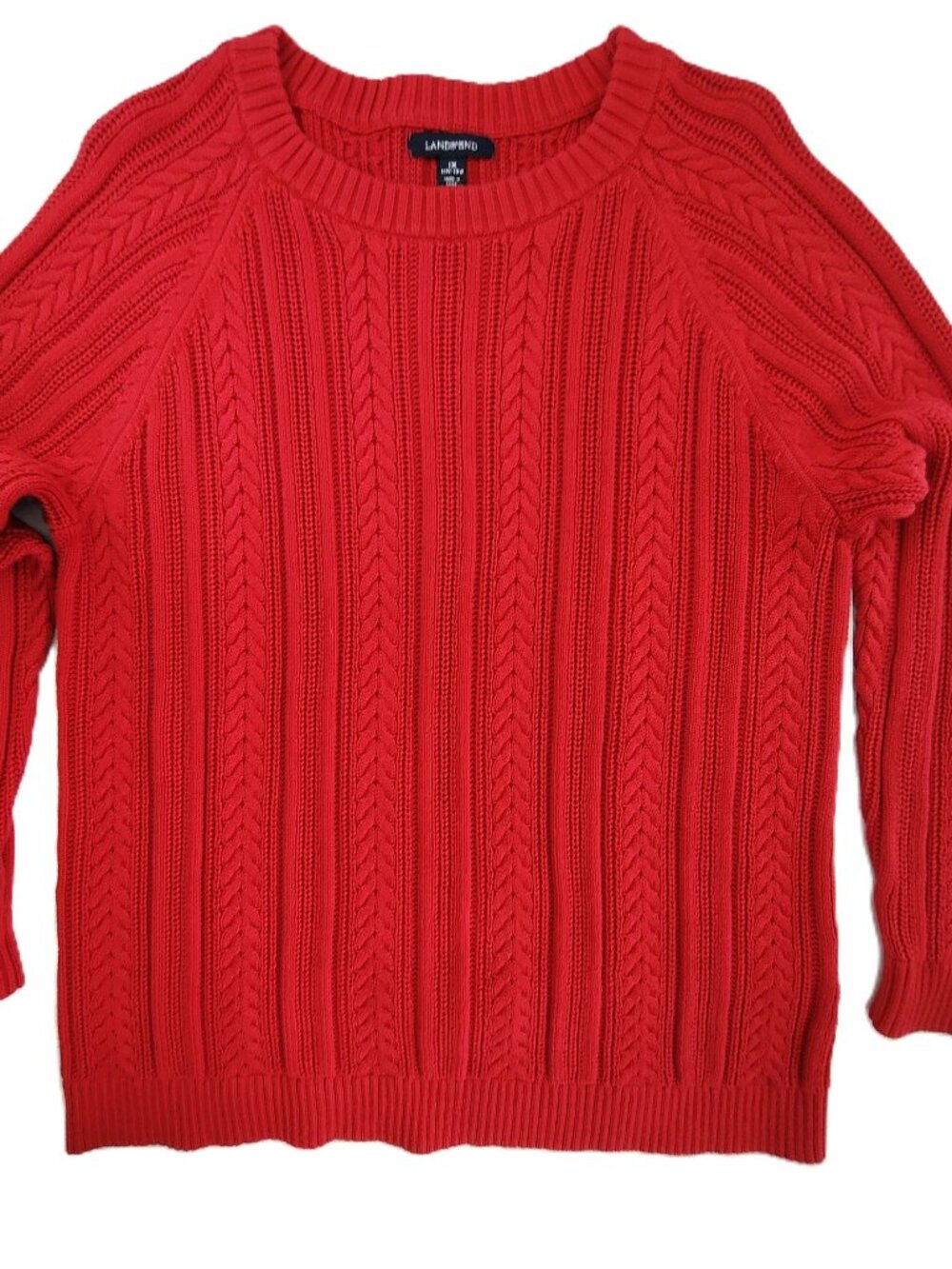 Lands End Sweater Women's size 1x Plus 100% Cotton Cable Knit Red Pullover Crew
